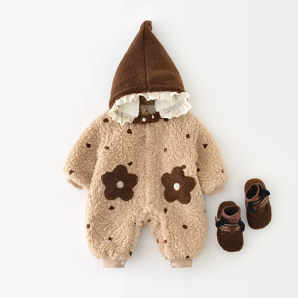 Peleles para recién nacidos de moda coreana, mono de invierno para niña, monos gruesos de flores peludas con sombrero