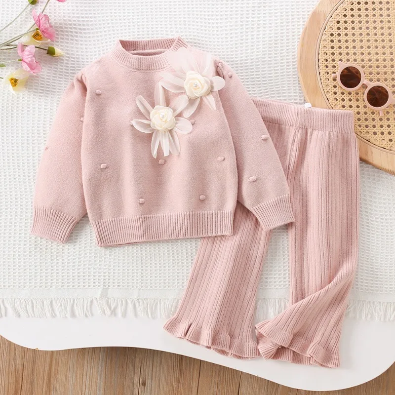 Nuevo conjunto de punto de estilo coreano a la moda de invierno para niñas, jersey de flores sólidas para niños de dos piezas, traje cálido y agradable para la piel para niños - imagen 2