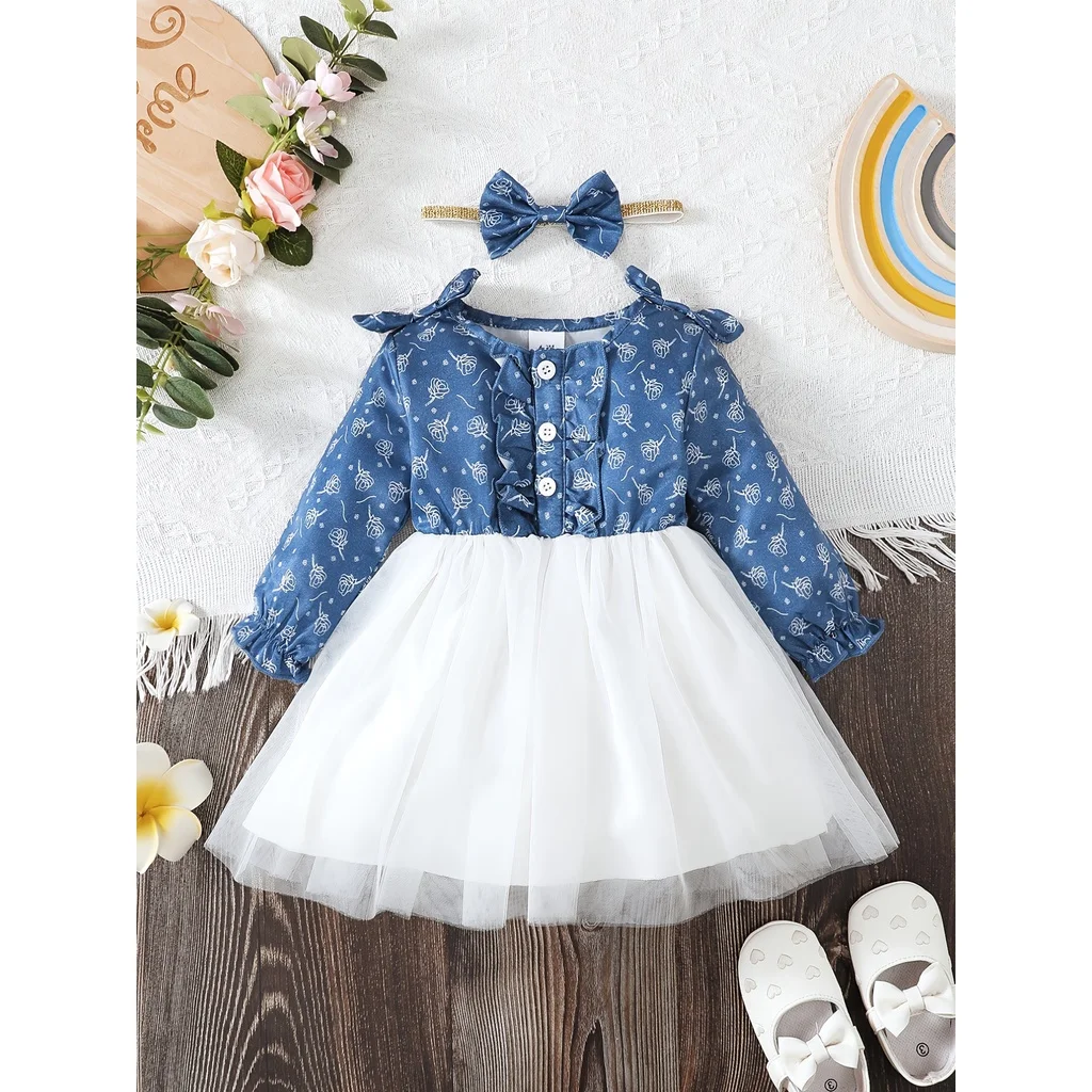 Vestido de manga larga para niña pequeña, falda de malla blanca empalmada y Diadema, ropa de moda para primavera y otoño, 2 piezas, 6-24 meses
