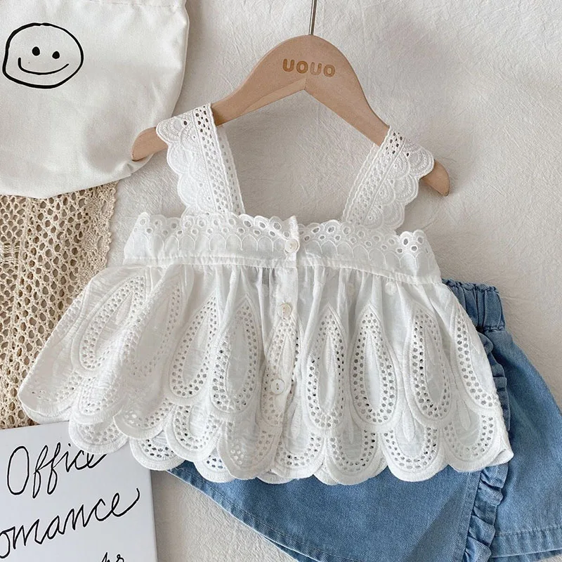 MILANCEL, nuevo conjunto de ropa de verano para niños, bonito chaleco hueco para niñas, Top + Pantalones cortos de mezclilla, prendas de vestir de estilo fino para niños, 2 uds.
