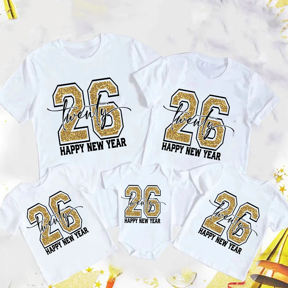 Camisetas a juego con estampado de Feliz Año Nuevo 2026, camisetas para hombre, mujer y niño, pelele suave para bebé, regalo de fiesta de año nuevo