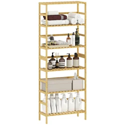 HOMCOM Estantería de Bambú de 6 Niveles, Estantería Almacenaje, Estantes Ajustables, Librería Estrecha para Espacios Pequeños, Baño, Sala de Estar y Cocina, 60x26x161 cm, Natural