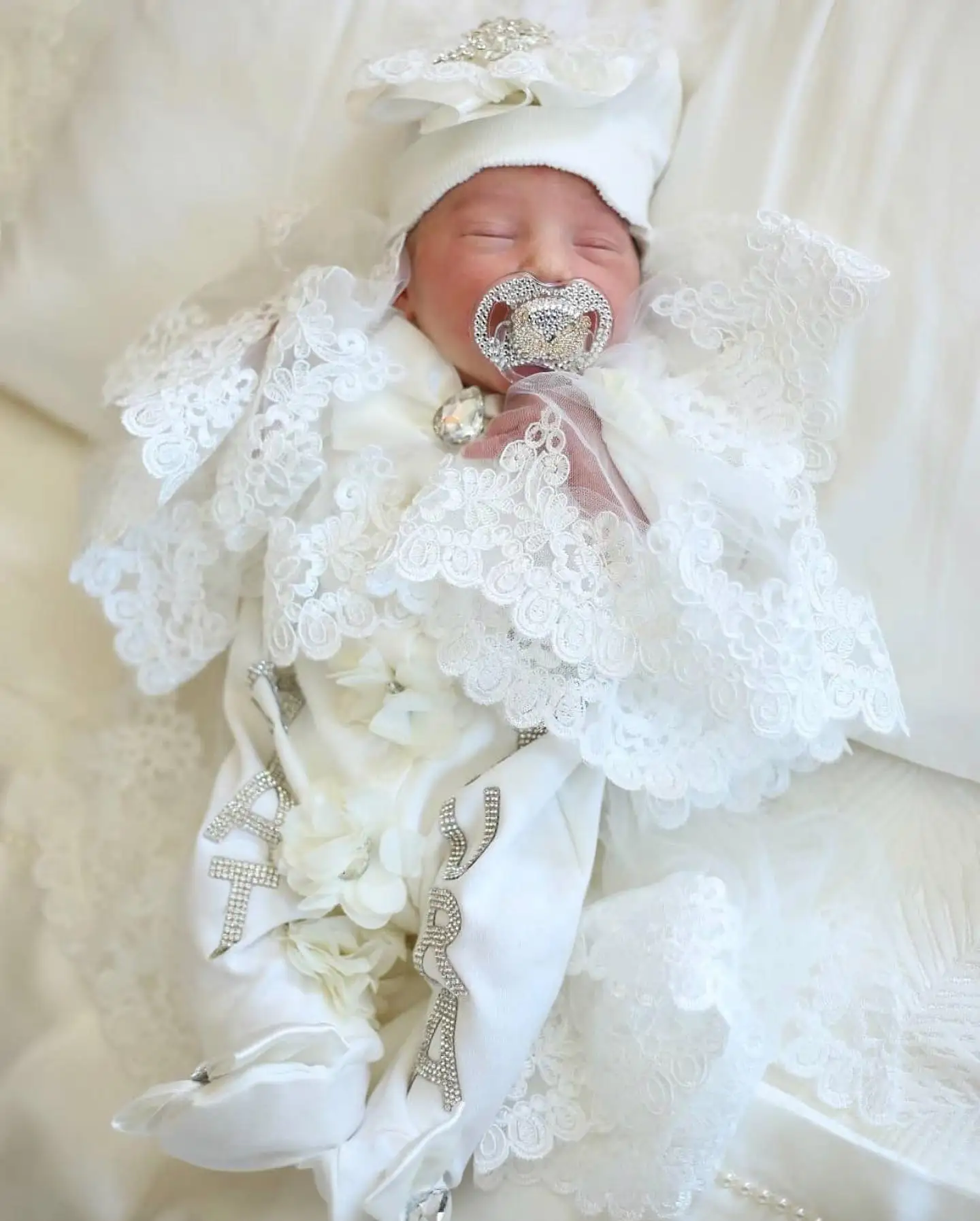 Mameluco de encaje bordado con nombre personalizado para bebé recién nacido, traje envuelto para bebé, productos para bebé, pantalones, mitones, manta receptora - imagen 3