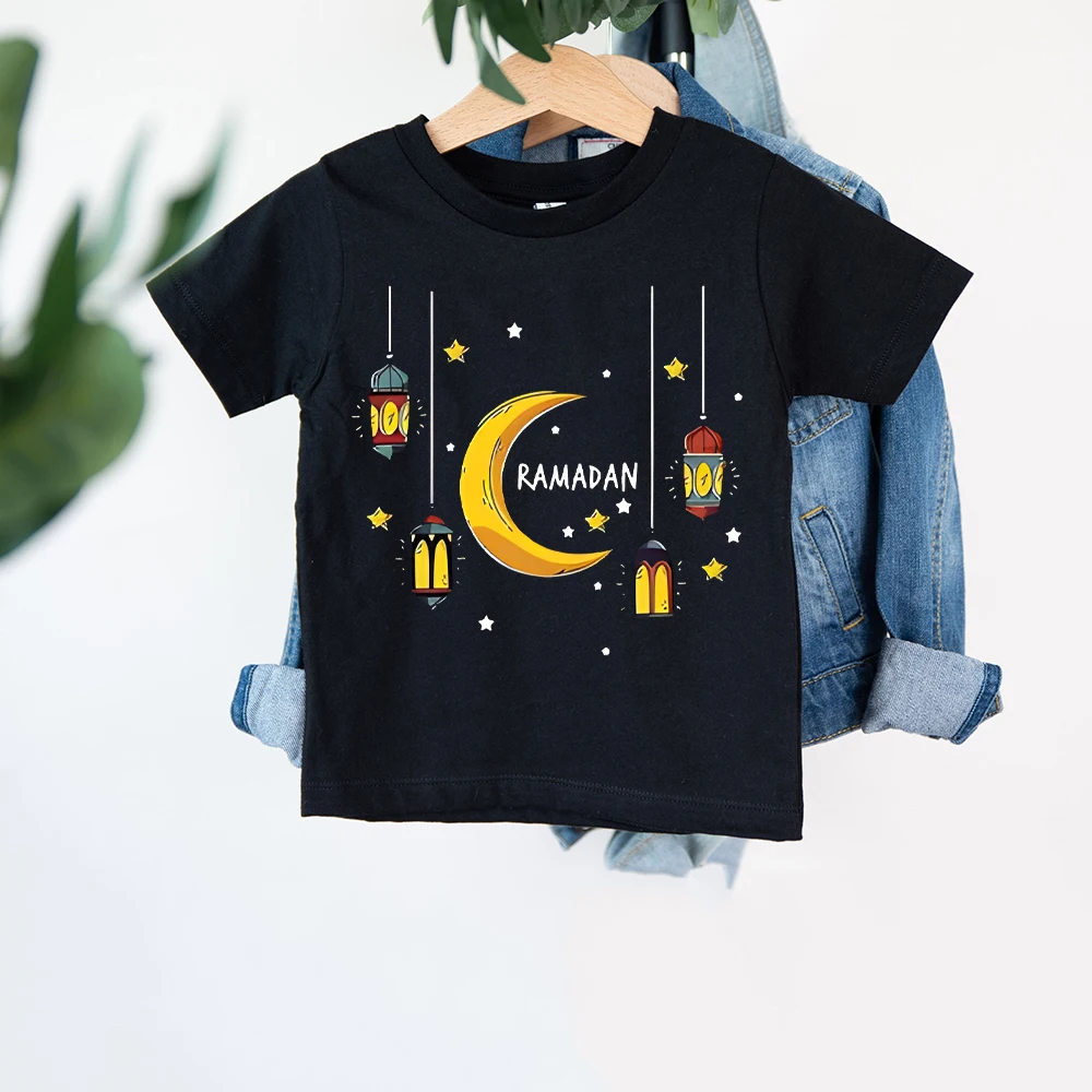 Ropa con estampado de Luna de Ramadán para niño y niña, camiseta Eid Mubarak para niño, camisa de manga corta para niño, traje de vacaciones musulmán islámico, Tops