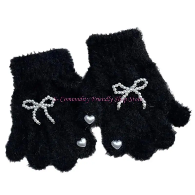 85AE Acogedores guantes punto con detalle lazo perlas para niñas 3 a 8 años