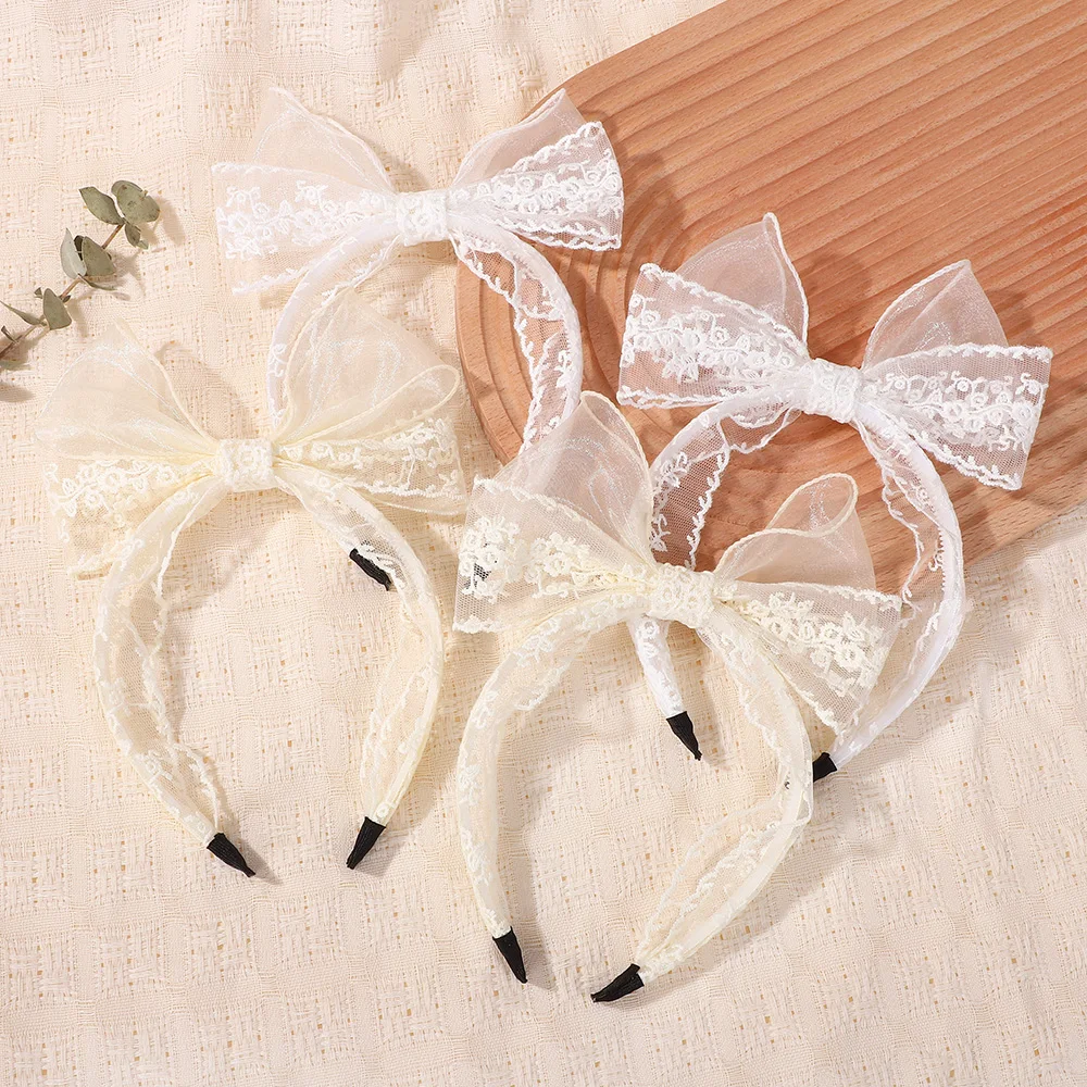 1 diademas de encaje color crema para niñas, diademas con lazo grande, nuevas bandas para el cabello de lujo, accesorios para el cabello de moda para cumpleaños para niños - imagen 2