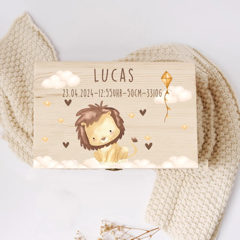 Caja de memoria para bebé, cajas de memoria con nombre personalizado, estampado de animales de arcoíris, caja de recuerdos de madera para niños, regalo de ducha de cumpleaños personalizado para niños
