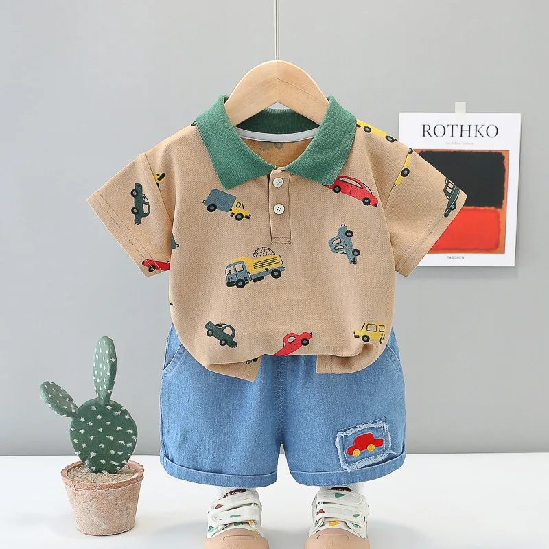 Ropa de Boutique de verano para niños, 2 piezas, moda coreana para niños pequeños, camisetas de manga corta con dibujos animados para bebés + Pantalones cortos de mezclilla, ropa para niños B147 - imagen 3