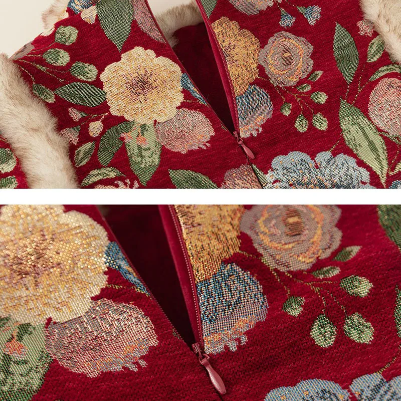 Vestido rojo de invierno para niña – Bordado floral con forro polar - imagen 5