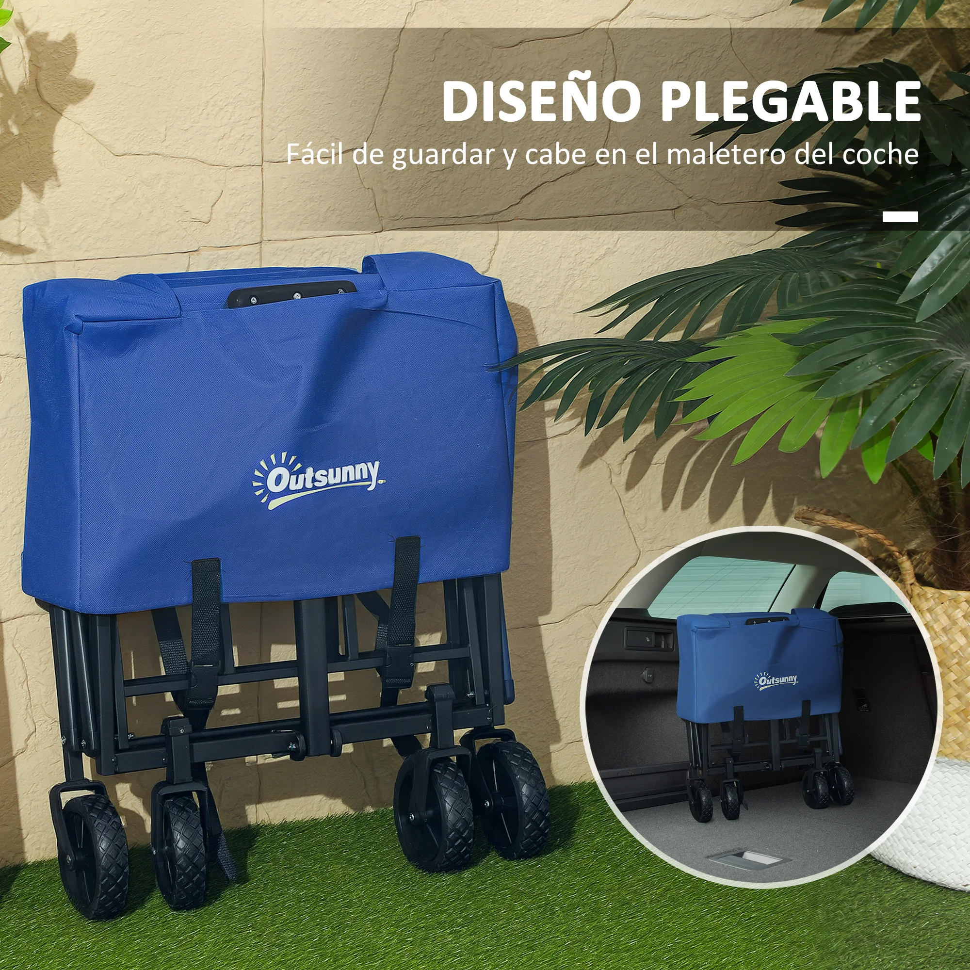 Outsunny Carro Playa con Ruedas Carro de Jardín Plegable con Asa Telescópica Ajustable 2 Bolsas de Almacenaje Carga 120 kg Carrito Transporte para Todo Terreno Jardín Campaña Compra - imagen 5