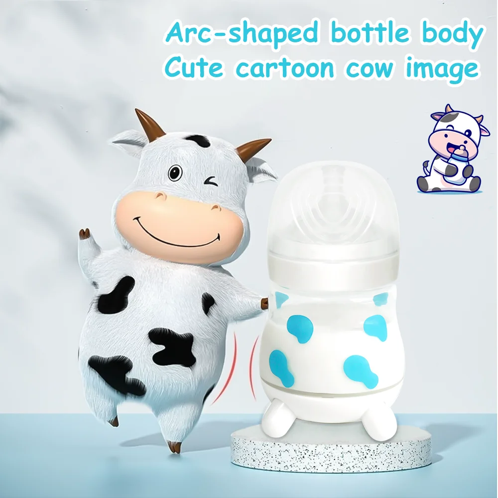 Biberón antiflatulencia con mango de dos colores PP de calibre ancho para recién nacido, bonito patrón de vaca, 180ml/270ml opcional - imagen 3
