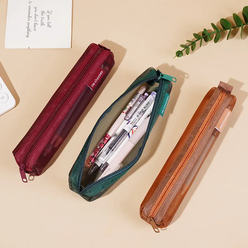 Estuche de lápices transparente de malla Simple, bolsa de almacenamiento para bolígrafos, bolsa con cremallera, Mini papelería portátil, suministros escolares y de oficina, 1 Uds. - imagen 4