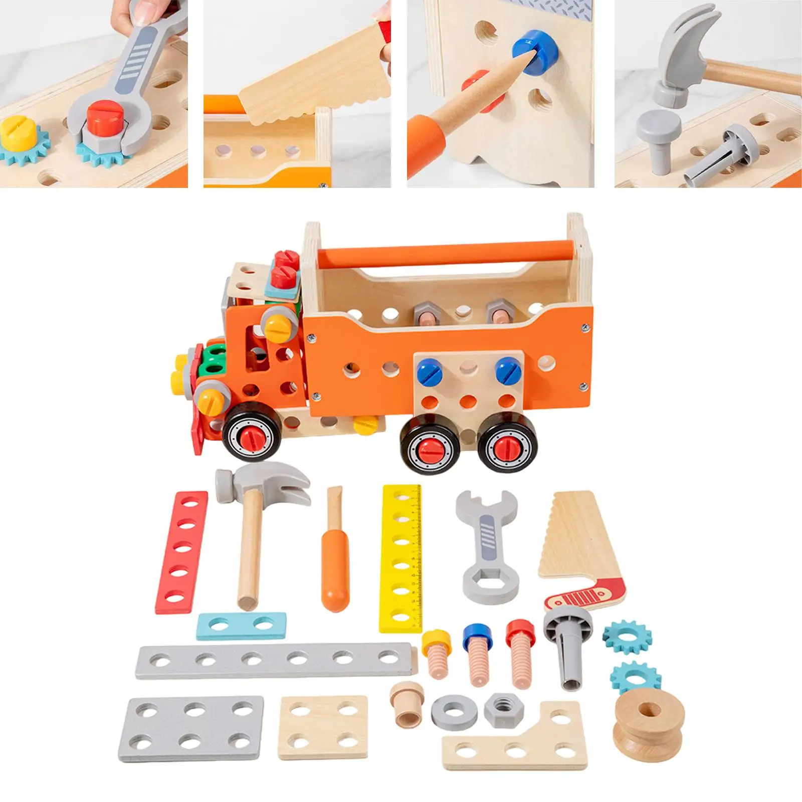 Wooden Kids Tool Set Funny Tool Cart Learning Toy Fine Motor Skill Educational for Boys Girls for 3 4 5 6 Year Old Children Kids