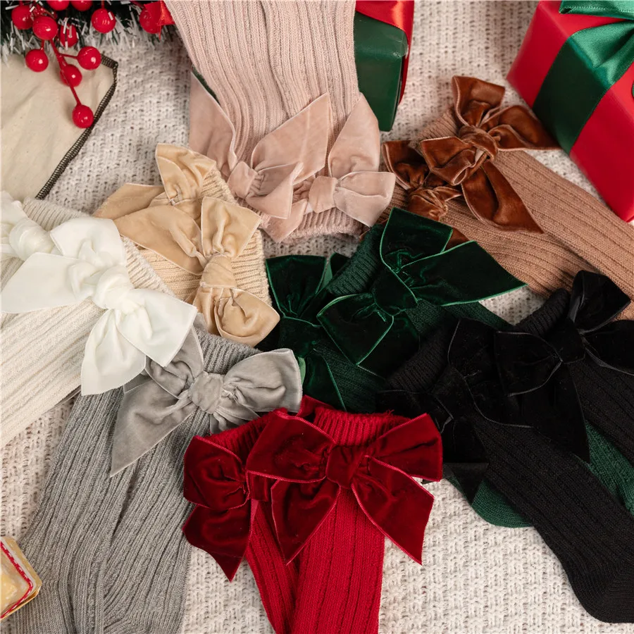 Primavera otoño, calcetines hasta la rodilla con lazo grande para niñas, calentadores de piernas sólidos de algodón para niños, calcetín largo de princesa para niños de 0 a 5 años - imagen 3