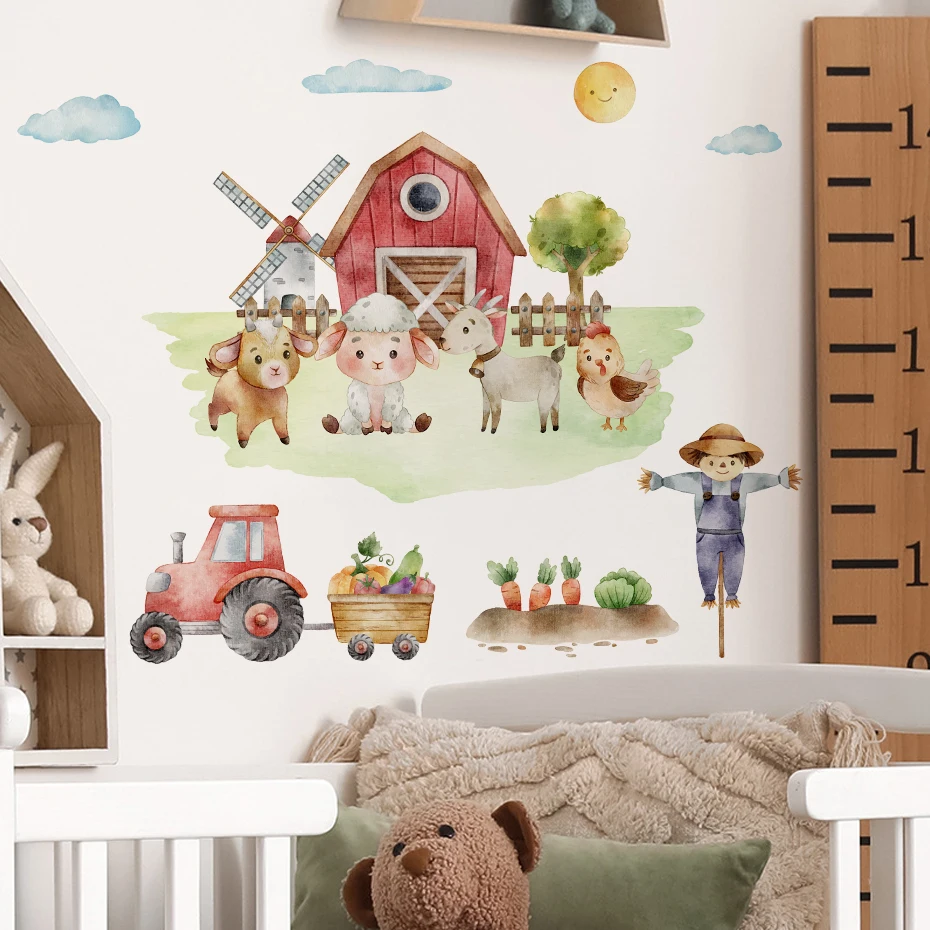 Pegatinas de pared infantiles de granja con pollo, oveja y árbol