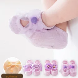 Calcetines tobilleros con lazo de encaje para niña, medias antideslizantes para recién nacido, Princesa, perla, corte bajo, zapatos de piso para el hogar, 3 pares