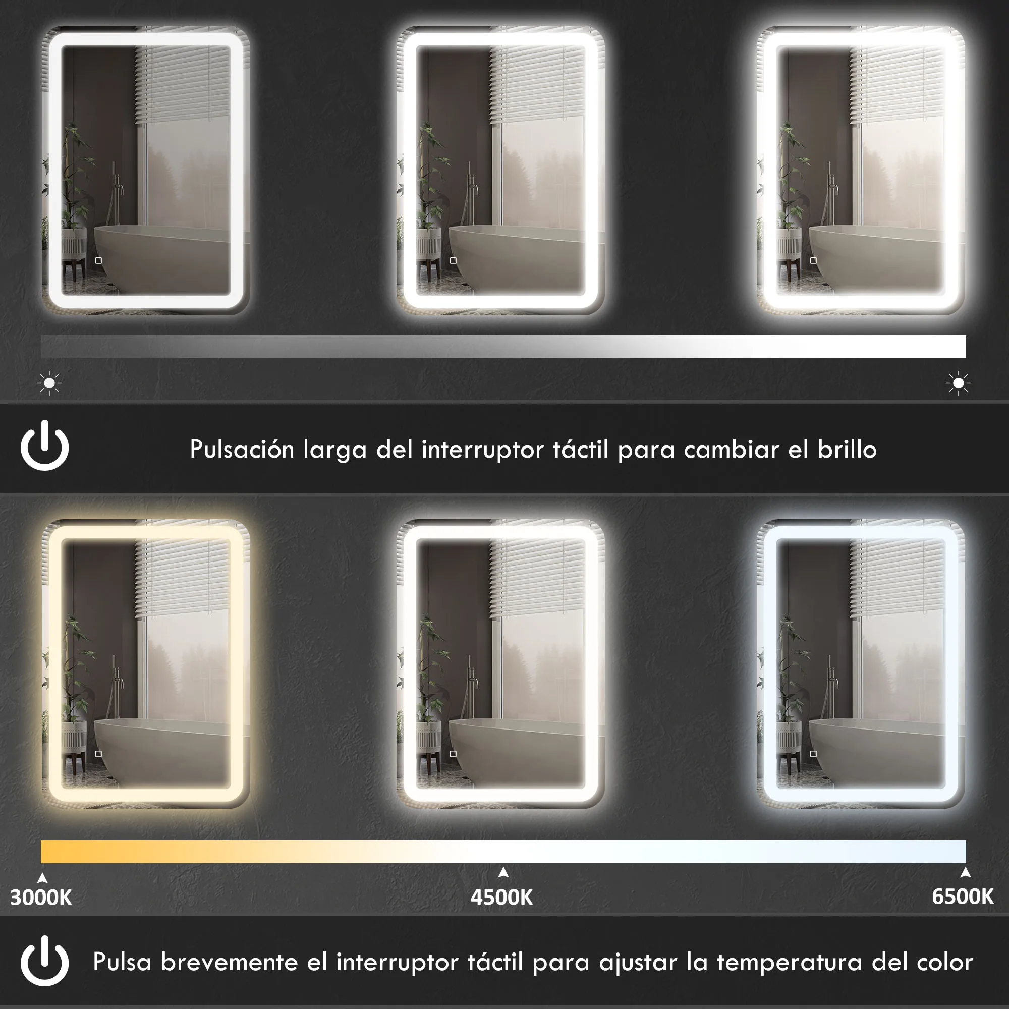 HOMCOM Espejo de Baño con Luces LED, 70x90 cm, Espejo de Pared, 3 Colores de Luz, Brillo Regulable, Función Antivaho, Función de Memoria, Interruptor Táctil, IP44, Horizontal/Vertical - imagen 5