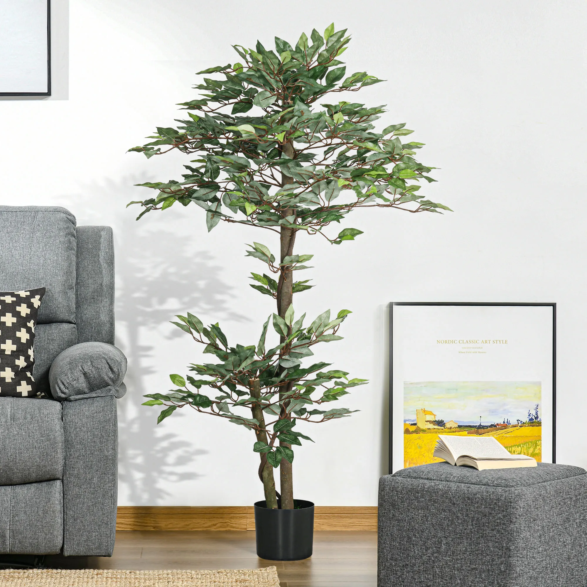 Outsunny Ficus Artificial 150 cm Árbol Artificial en Maceta Decorativa para Interior Hogar Salón Oficina Ø15x150 cm Verde