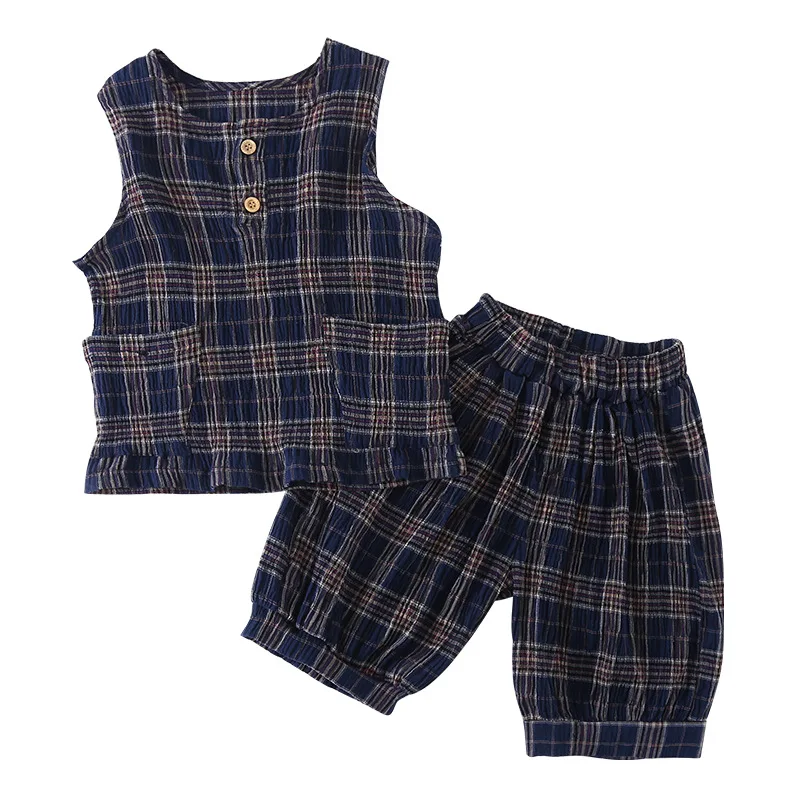 2 unids/set de ropa para niñas y niños, chaleco a cuadros + Pantalones cortos, ropa para niños - imagen 5