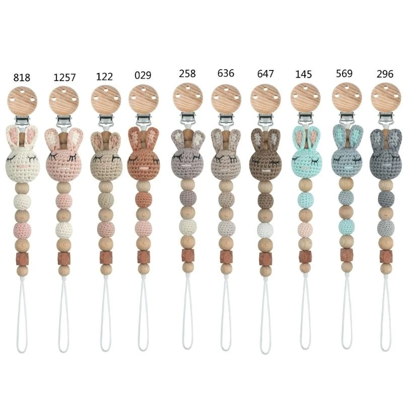 M76C Cadena chupete con cuentas ganchillo, mordedor para niños, juguete madera, Clip para chupete, soporte para para