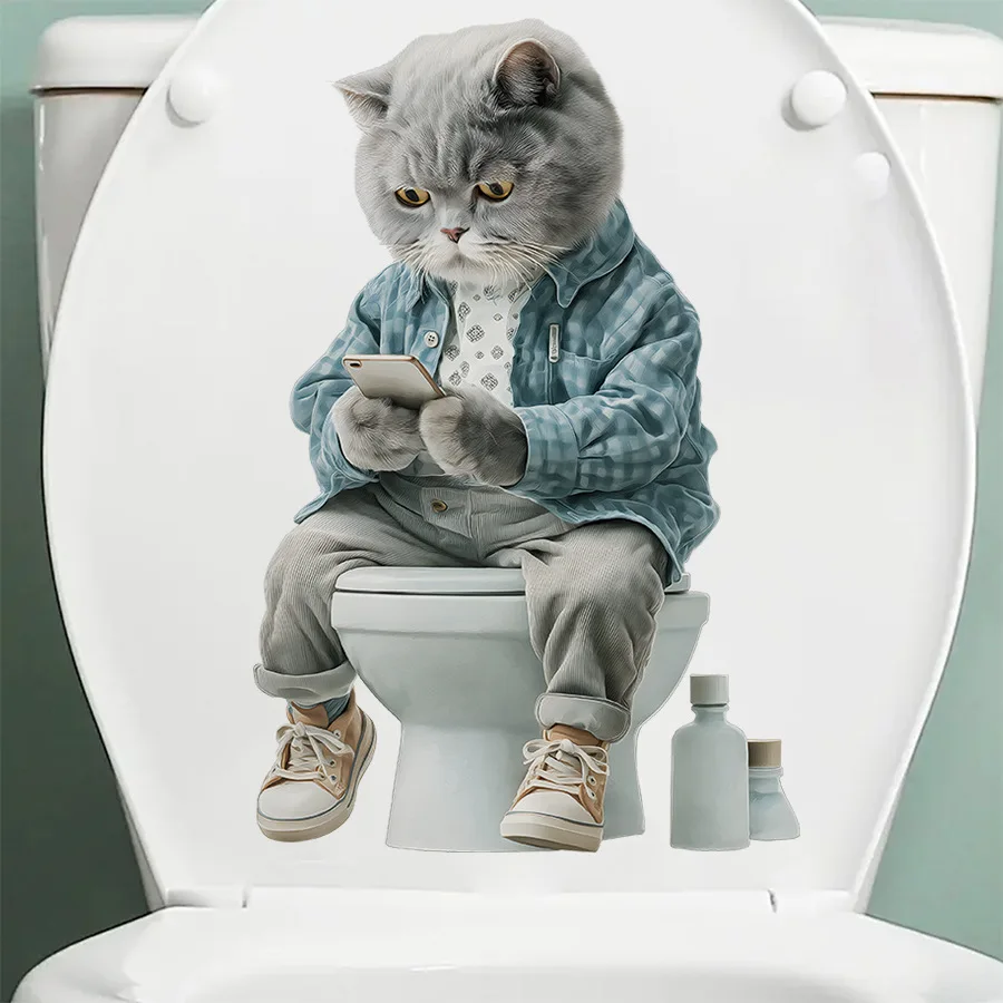 Pegatina de pared de gato para inodoro, pegatina de pared autoadhesiva de simulación de dibujos animados, decoración de tapa de inodoro, pegatina de pared - imagen 5