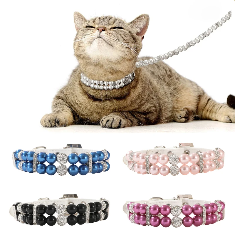Collar de gato Sphynx con perlas de lujo para gatos pequeños, conjunto de collares y correa ajustables para mascotas, accesorios para masoctas y gatitos
