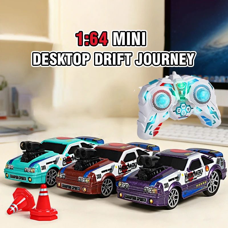 Mini coche RC a escala 1:64, tracción en las cuatro ruedas, carreras de deriva con 3 configuraciones de velocidad, luz LED, vehículo de Control remoto de escritorio, Navidad