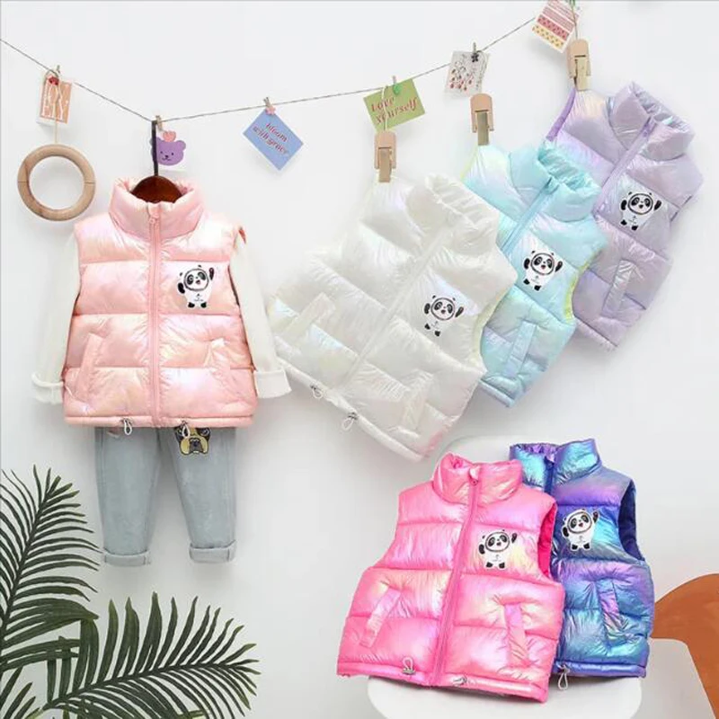 Chaleco de invierno con cuello levantado para niños, chaleco grueso de moda informal de tendencia colorida para niñas y niños, chaleco de algodón cálido con estilo de dibujos animados para niños