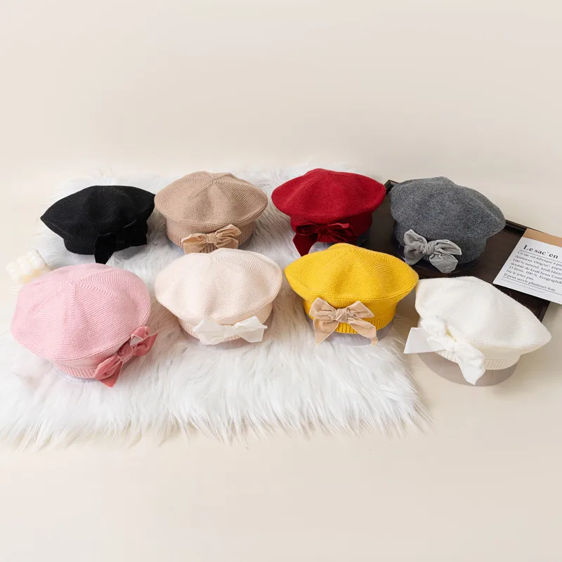 Otoño Invierno, gorros cálidos de punto con lazo para niñas, boina para niños, gorro liso, gorro suave y cómodo para niños de 2 a 8 años - imagen 3