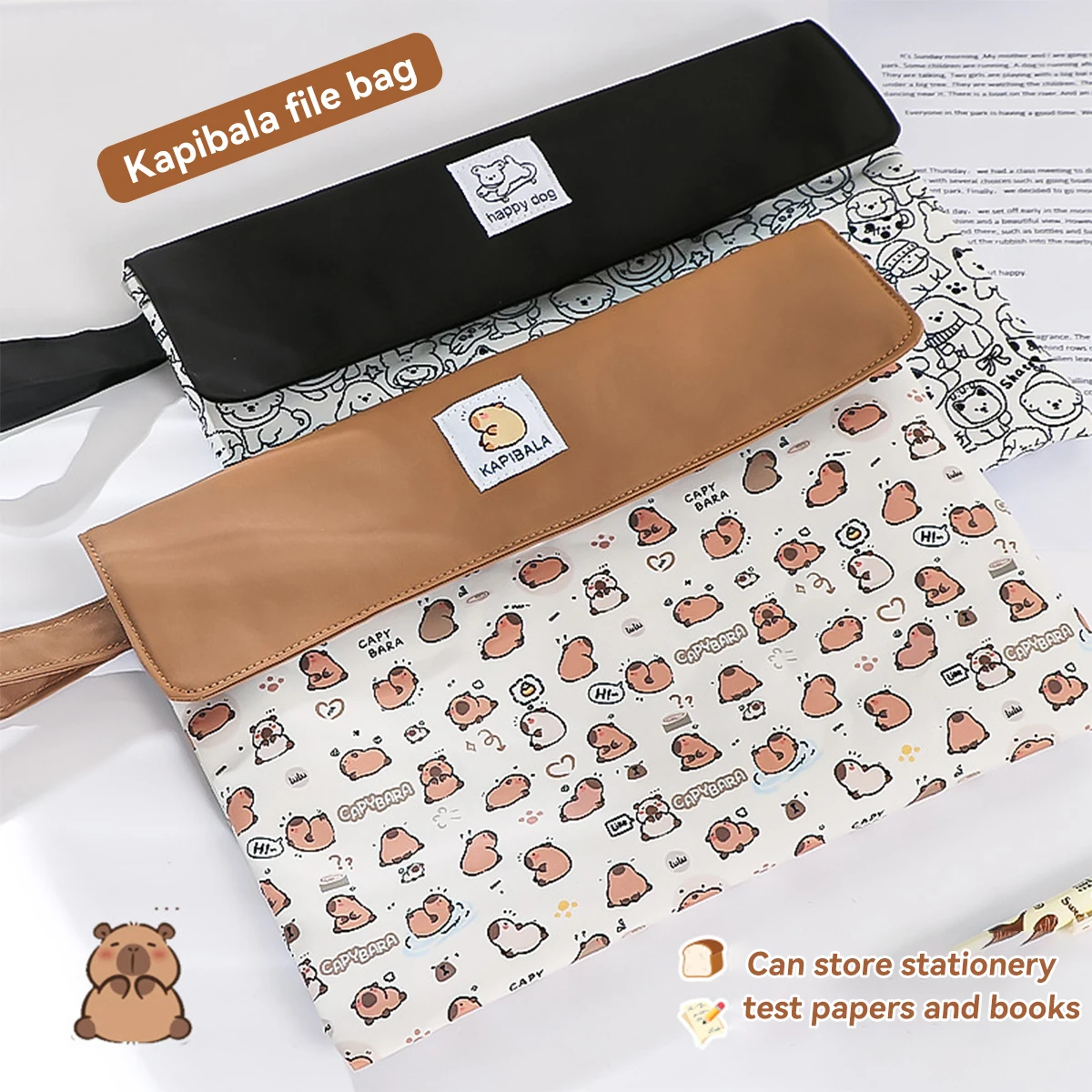 Bolsa de archivo de capibara, bolsa de papelería para estudiantes, bolsa de almacenamiento con cremallera de gran capacidad de alta apariencia de dibujos animados, bolsa de archivo Kapibala para estudiantes ST