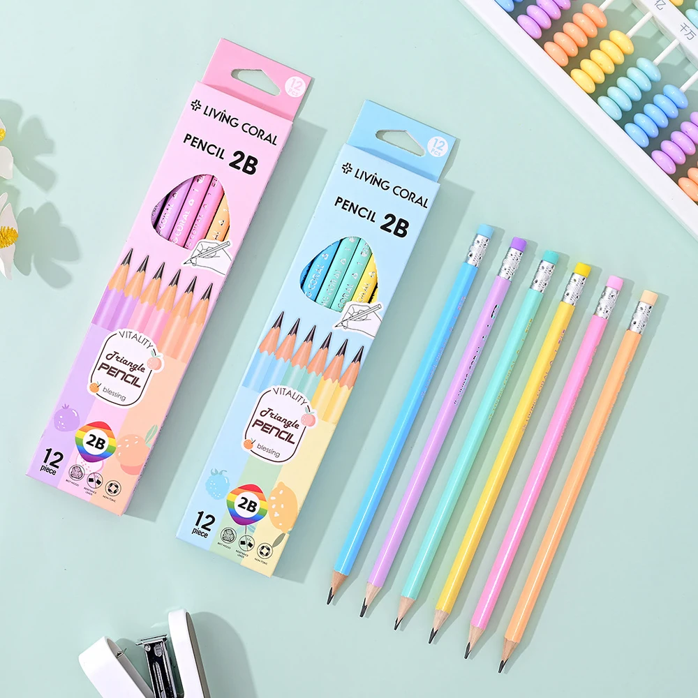 Lápiz de 12 Uds., lápiz 2B, pintura de poste triangular en caja, dibujo y escritura, bolígrafo de examen para estudiantes escolares, papelería de oficina - imagen 2