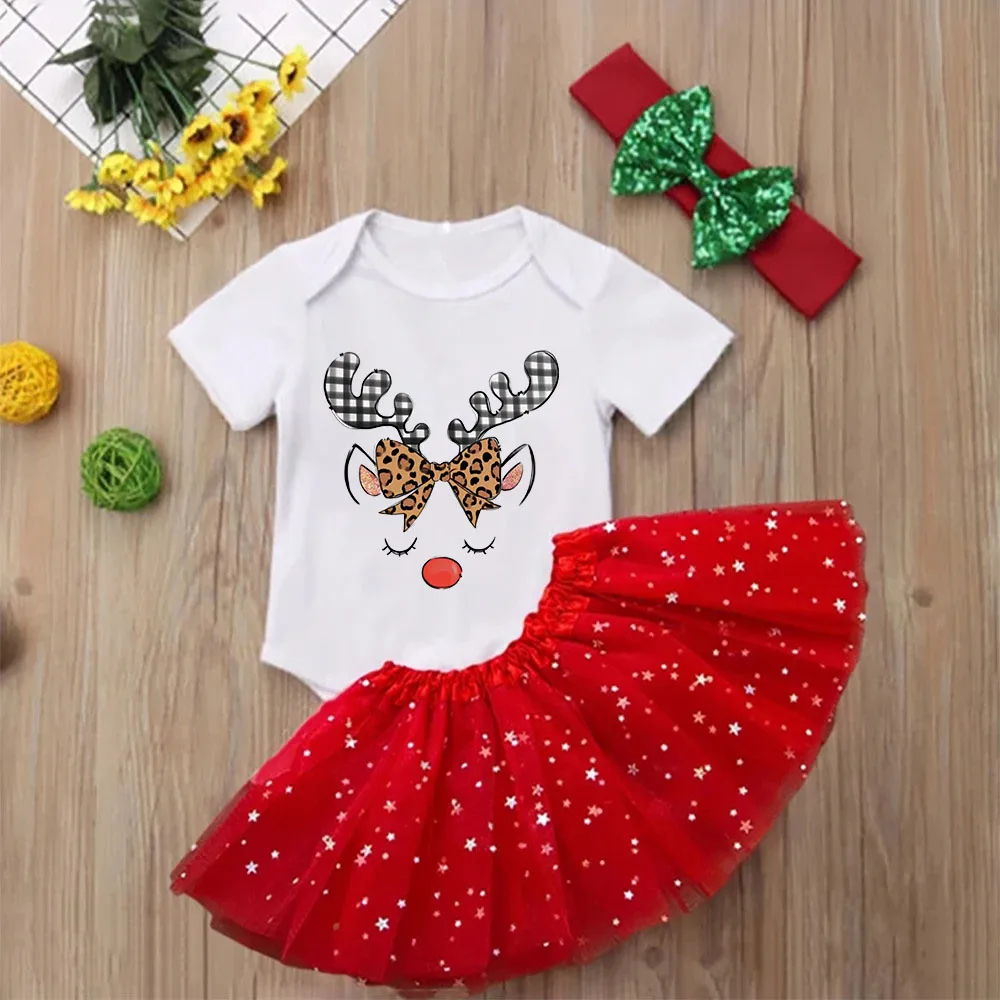 Conjunto de mameluco y tutú navideños con estampado de ciervos para niñas, traje de Navidad para bautismo infantil, mono de manga corta, vestido, trajes de Navidad, falda