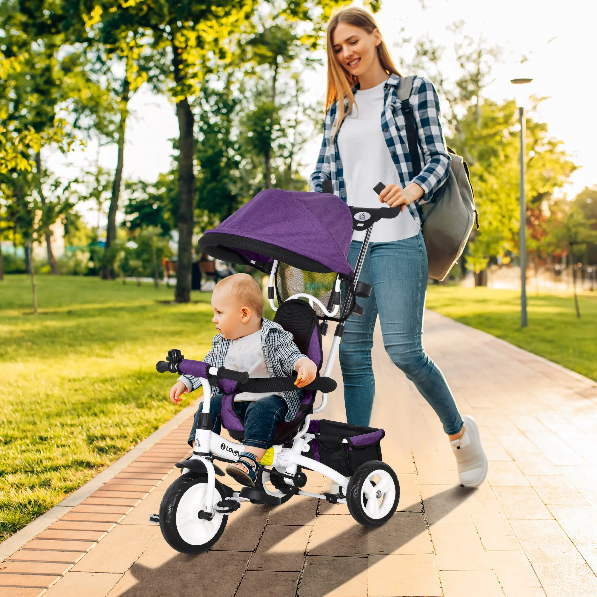 HOMCOM Triciclo Evolutivo para Bebés 6 en 1 Triciclo para Niños de 1-5 Años Bicicleta para Niños con Toldo Plegable Mango Telescópico y Desmontable Cinturón de Seguridad y Cesto 95x50x106 cm Violeta