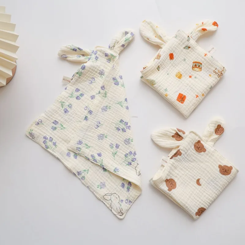 Toalla de bebé de gasa de 4 capas de 30x30cm con orejas grandes, toallita de algodón arrugada para el cuidado del recién nacido, toalla facial con babero multiusos de dibujos animados - imagen 2