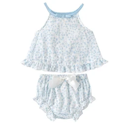 Conjuntos de 2 piezas de ropa de verano para niñas, Tops coreanos sin mangas de algodón con bonito lazo y flores, Tops + Pantalones cortos azules, ropa para bebés, artículos para recién nacidos B003