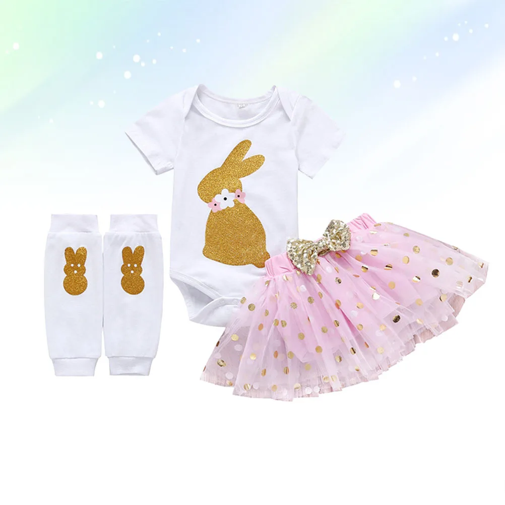 Conjunto de disfraz de conejo de Pascua, falda de malla de manga corta rosa, Kit de manga de pierna para niñas y niños, ropa de fiesta de Pascua de 70cm de altura - imagen 3