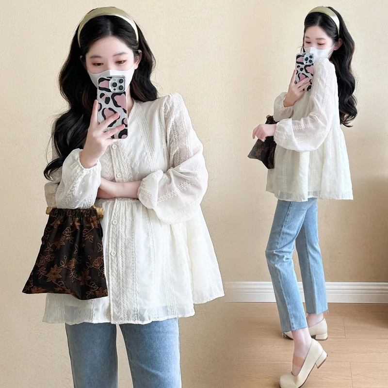 7155 #   2023 otoño moda coreana blusa de maternidad dulce linda camisa estampada con flora túnica ropa para mujeres embarazadas Tops de embarazo - imagen 4