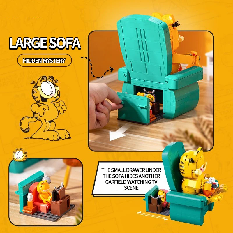 Bloques de construcción Garfield, juego de ladrillos para sofá Sentado Garfield con Mini figuras, modelo de escena de Anime clásico, juguetes educativos DIY para niños - imagen 3