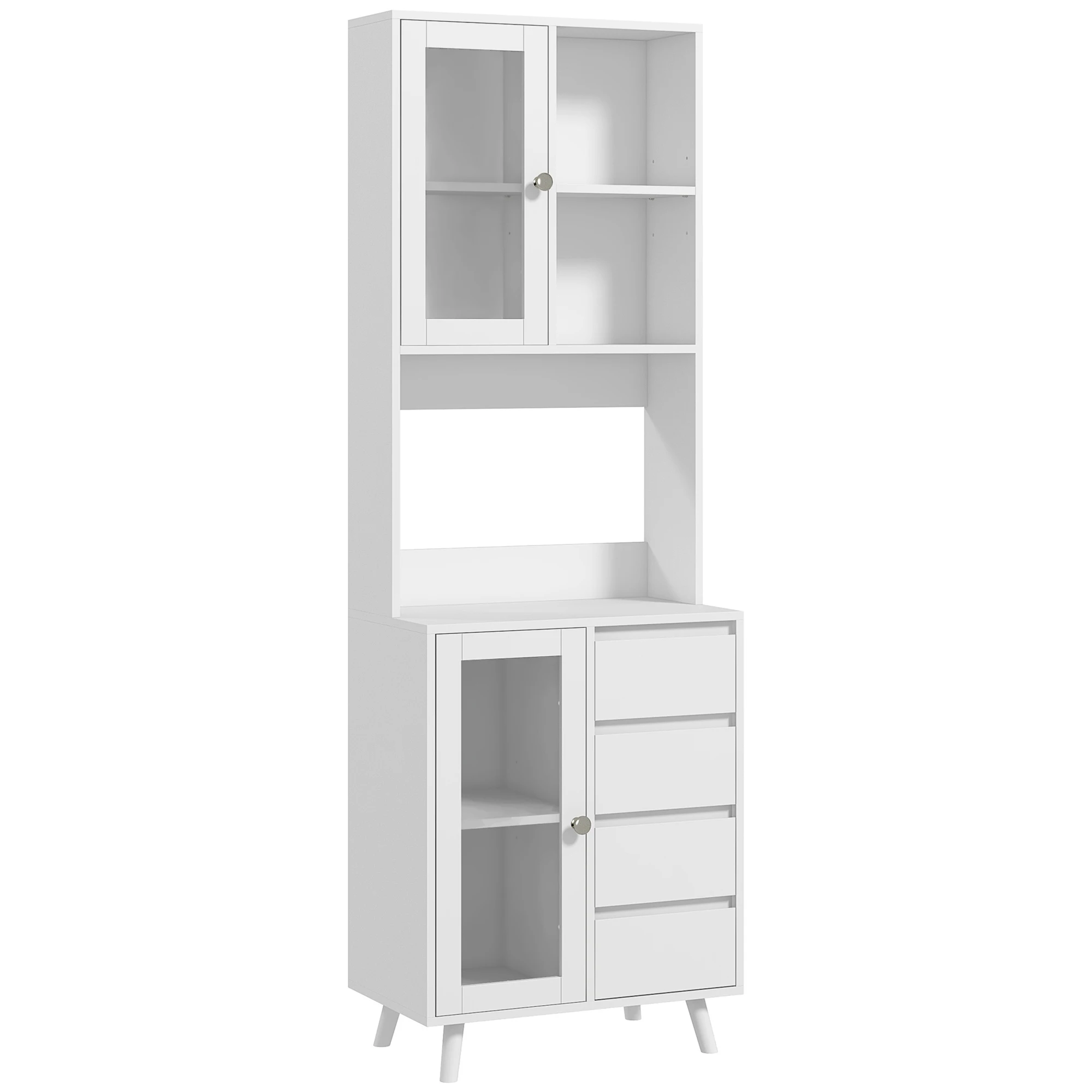 HOMCOM Alacena de Cocina Armario de Cocina Buffet Aparador con 2 Puertas de Vidrio Compartimentos Abiertos 4 Cajones y Estantes Ajustables 60x35x180 cm Blanco