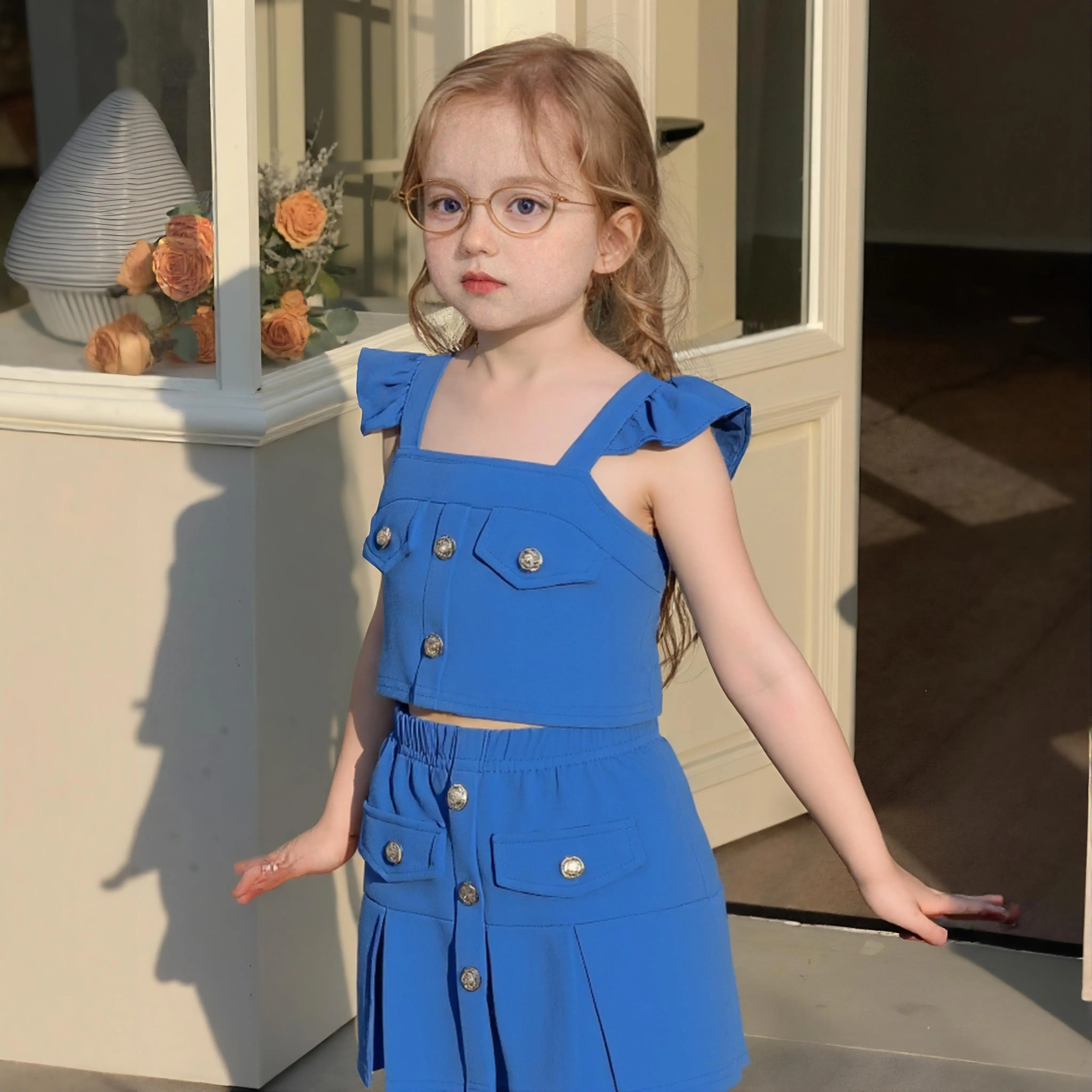 Nuevo conjunto azul para niños, ropa para niñas, chaleco bonito de verano + falda para niños pequeños, 2 uds., traje informal de moda para vacaciones para niños de 2 3 4 5 6 7 años