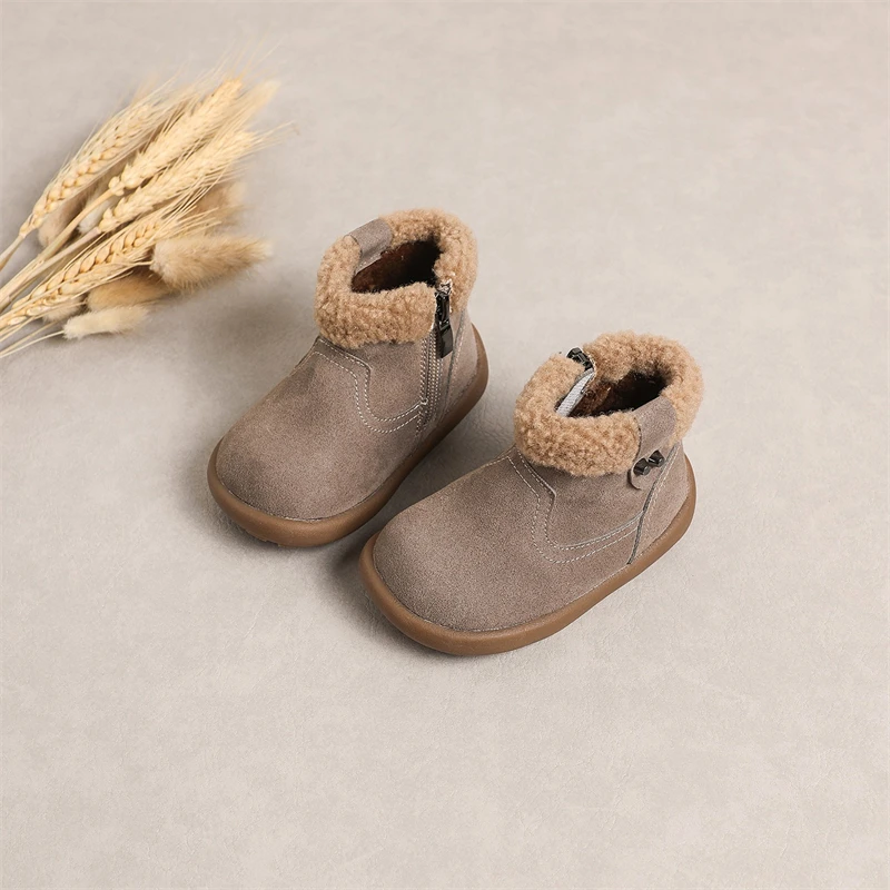 Botas de nieve de cuero genuino para bebés y niños, botas de felpa para niños, suela suave antideslizante para exteriores, zapatos para niños pequeños, Otoño Invierno - imagen 3