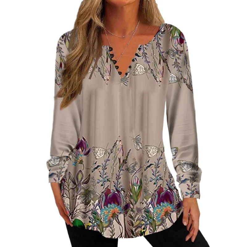 Camiseta de manga larga con cuello en V de estilo europeo americano para mujer para primavera y otoño Top informal con botones y estampado 3D para Navidad - imagen 2