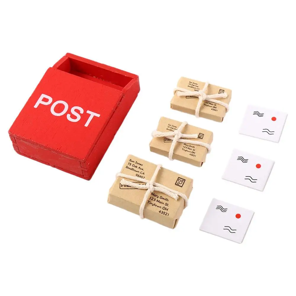Caja de letras en miniatura para casa de muñecas, buzón de correo rojo con saco de correo, postal, gnomo, muebles de puerta de jardín de hadas, modelo de Decoración de casa, 1 Juego