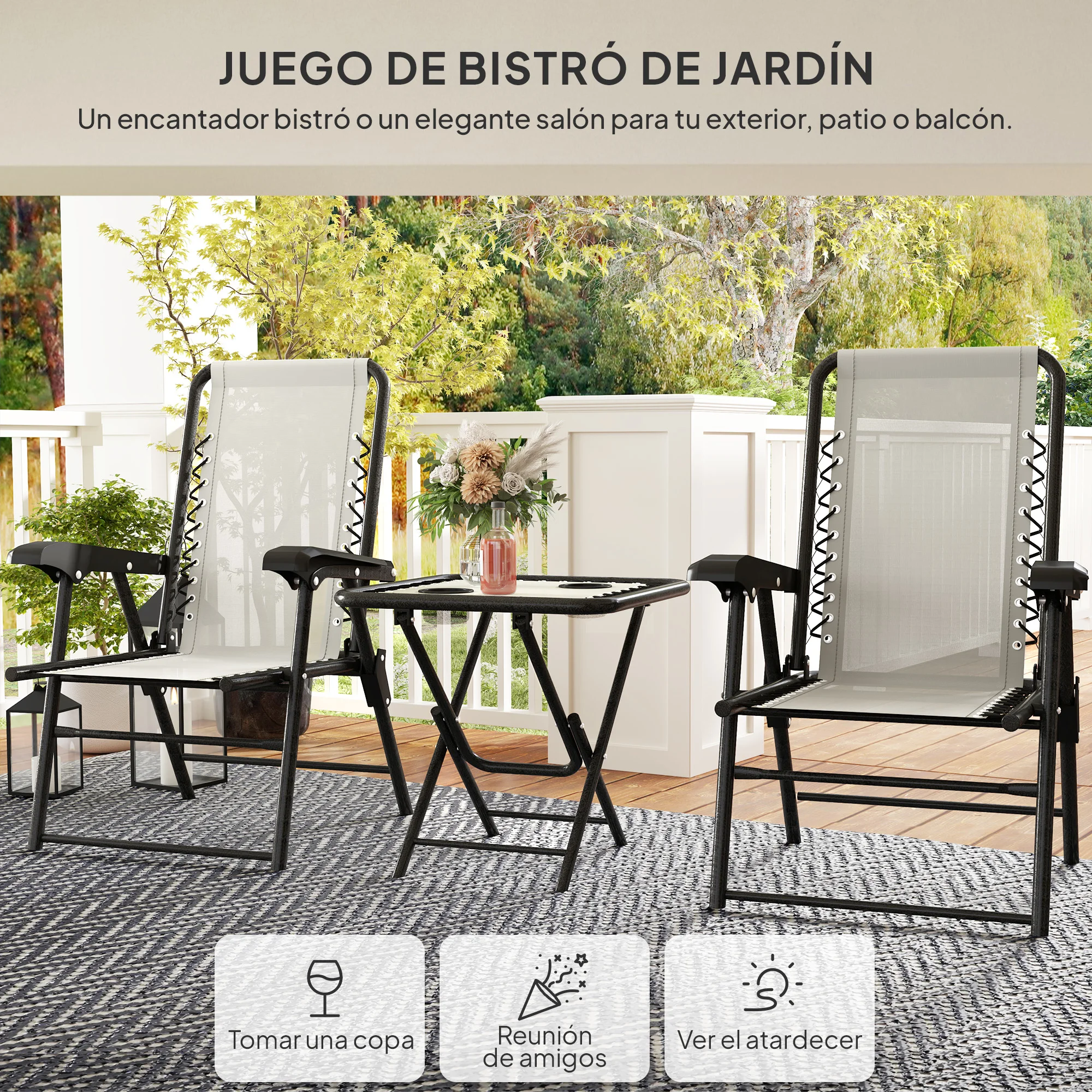 Outsunny Conjunto de Mesa y Sillas de Terraza Exterior de 3 Piezas Muebles de Jardín Exterior Plegables con Estructura de Acero y Portavasos para Patio Crema - imagen 4