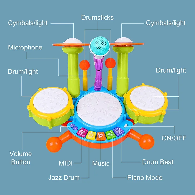 Kit de batería infantil con tambores y luz para aprender ritmo - imagen 2