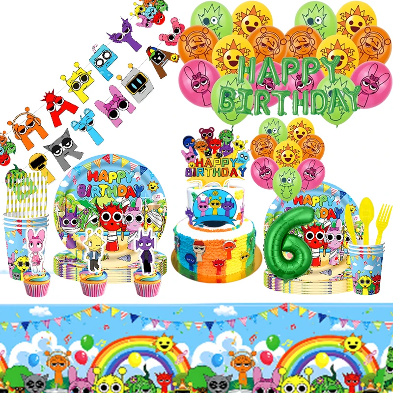 Sprunki decoraciones para fiesta de cumpleaños, suministros de decoración para fiesta de cumpleaños, juego de globos, pancarta, platos, tazas, mantel, regalo para niños