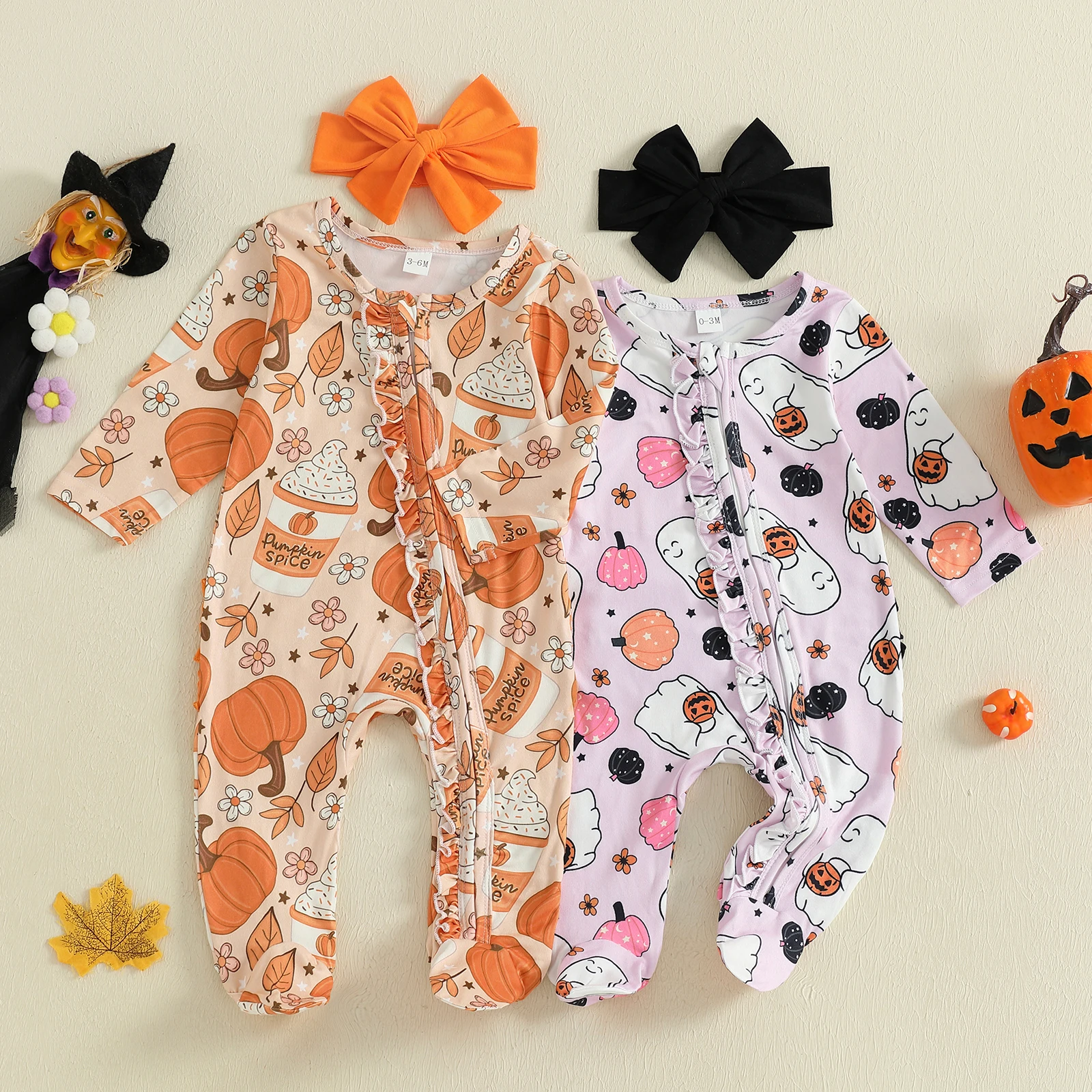 Conjunto de 2 piezas de mameluco con patas de manga larga y cuello redondo con estampado de fantasma de calabaza para niña de Halloween