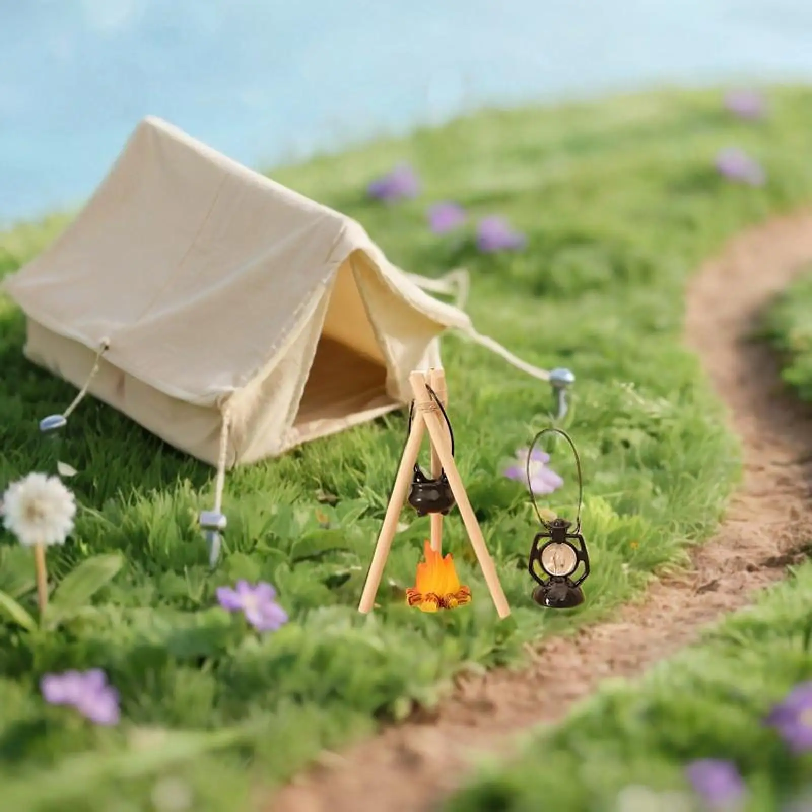 Juego de camping infantil con fogata y lámpara en miniatura