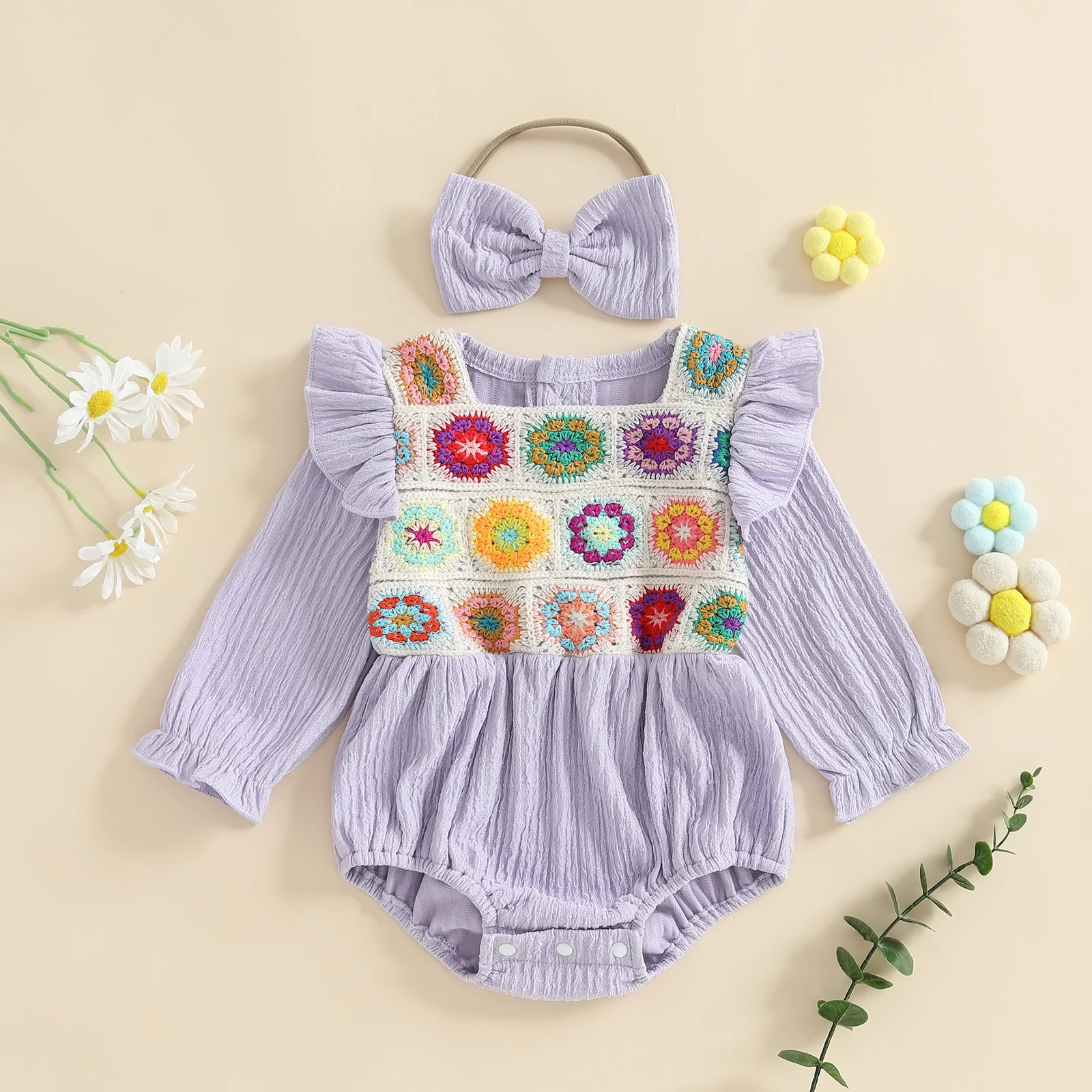 SUNSIOM Mameluco floral de ganchillo para niñas, monos de manga larga con volantes y lindo conjunto de diadema para trajes infantiles