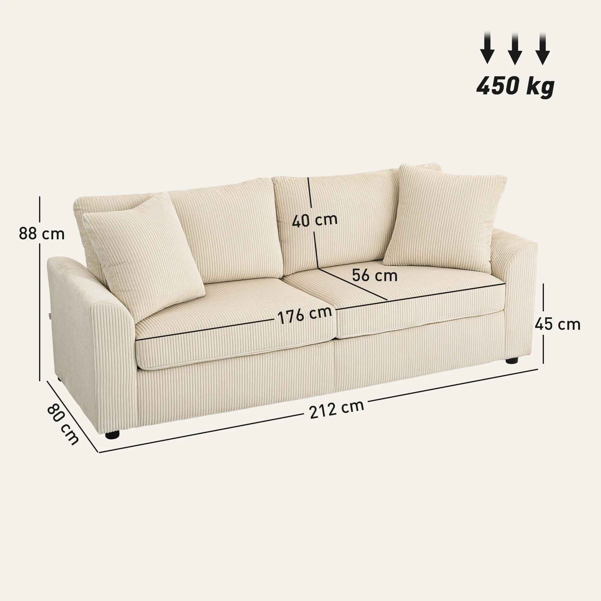 HOMCOM Sofá de 3 Plazas Sofá de Salón 212x80x88 cm Tapizado en Pana con 2 Almohadas Reposabrazos y Cojín de Muelles Diseño Moderno para Sala de Estar Dormitorio Crema - imagen 3